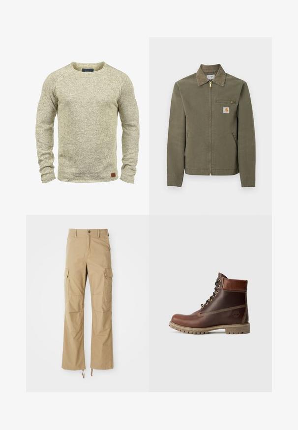 Veste de travail Carhartt vert olive avec col en velours côtelé, fermeture éclair à l'avant, poche poitrine zippée et deux poches latérales.; Pull en tricot beige clair avec des manches longues, un col rond et une finition texturée. Il présente une petite étiquette en cuir marron sur l'ourlet.; Pantalons cargo kaki en tissu durable, dotés de plusieurs poches latérales, d'une coupe droite et de cordons de serrage réglables à l'ourlet.; Bottine en cuir marron à lacets, avec un col rembourré, des coutures contrastées et une semelle robuste, vue de l'extérieur sur un fond blanc.