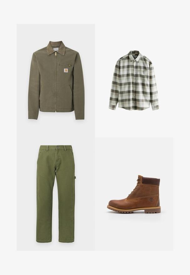Olijfgroene Carhartt werkjas met corduroy kraag, voorsluiting met rits, borstzak met rits en twee steekzakken aan de zijkant.; Knoopblouse met lange mouwen in ruiten in tinten beige, grijs en wit, met een borstzak en klassieke kraag.; Rechstreekse olijfgroene broek met voorzakken, riemlussen, knoopsluiting en een zijlus voor hulpmiddelen op een effen achtergrond.; Bruine leren wandelschoen met een gladde afwerking, gevoerde enkel, metalen oogjes en een rubberen zool met een robuust profiel.