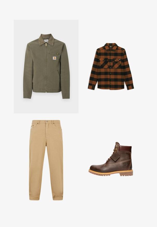 Pracovná bunda Carhartt olivovo zelenej farby s kordurovým golierom, predným zipsom, na zips zatvárateľným náprsním vreckom a dvoma bočnými vreckami.; Tričko s dlhým rukávom v oranžovo-čiernej kockovanej vzore, vyrobené z textúrovaného materiálu. Má dve náprsné vrecká a zapínanie na gombíky.; Béžové bavlnené nohavice so strihom s rovnými nohavicami, s obojstranným zipsom, piatimi vreckami a jemnými švovými detailami. Hladká textúra a klasický dizajn.; Hnedé kožené členkové čižmy s okrúhlou špičkou, robustnou podrážkou, zlatým kovovým doplnkom a štruktúrovaným zvrškom. Obsahujú priliepený štítok s logom.