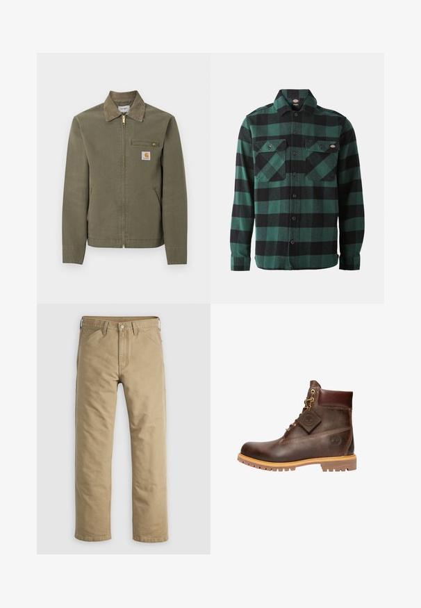 Oliven grøn Carhartt arbejdsjakke med manchet i kordfløjl, lynlås foran, lynlåslomme på brystet og to sidelommer.; Grøn- og sortternet flannel skjorte med lange ærmer, knaplukning foran, to brystlommer og en klassisk krave. Blød tekstur, alsidigt design.; Khakifarvede bomuldssbukser med lige ben, forlommer og knaplukning. Glat tekstur og forstærkede sømme for holdbarhed.; Brun læder ankelstøvle med rund tå, solid sål, hardware i guldtone og en tekstureret overdel. Inkluderer et logo-tagfæstet.