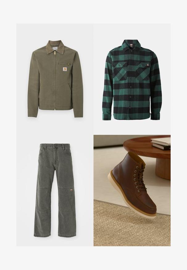 Olijfgroene Carhartt werkjas met corduroy kraag, voorsluiting met rits, borstzak met rits en twee steekzakken aan de zijkant.; Groene en zwarte geruite flanellen overhemd met lange mouwen, knoopsluiting aan de voorkant, twee borstzakken en een klassieke kraag. Zachte textuur, veelzijdig ontwerp.; Donkergrijze wijde broek van duurzaam materiaal, met kniestukken, een klassieke sluiting met knoop aan de voorkant en gestikte accenten.; Bruine leren enkelboot met beige zool op een gestructureerd beige vloerkleed naast een ronde houten tafel met opgestapelde boeken.