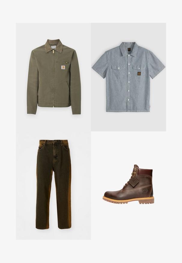 Pracovná bunda Carhartt olivovo zelenej farby s kordurovým golierom, predným zipsom, na zips zatvárateľným náprsním vreckom a dvoma bočnými vreckami.; Košeľa s krátkym rukávom na zapínanie s tenkými vertikálnymi modrými a bielymi pruhmi, dvoma zapínateľnými náprsnými vreckami a malou obdĺžnikovou štítkovou nášivkou na ľavom vrecku.; Tmavohnedé rovné džínsy s predným gombíkom a zipsom, pútka na opasok a predné a zadné vrecká.; Hnedé kožené členkové čižmy s okrúhlou špičkou, robustnou podrážkou, zlatým kovovým doplnkom a štruktúrovaným zvrškom. Obsahujú priliepený štítok s logom.
