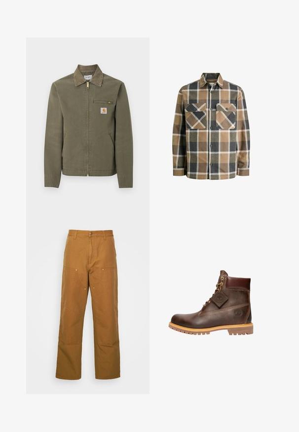 Pracovná bunda Carhartt olivovo zelenej farby s kordurovým golierom, predným zipsom, na zips zatvárateľným náprsním vreckom a dvoma bočnými vreckami.; Károvaná flanelová košeľa s hnedými, béžovými a čiernymi vzormi. Obsahuje dve náprsné vrecká, zapínanie na gombíky a klasický golier.; Hnedé bavlnené utility nohavice so strihom rovného nohu, ktoré obsahujú predné vrecká a kovové detaily pre zvýšenú odolnosť.; Hnedé kožené členkové čižmy s okrúhlou špičkou, robustnou podrážkou, zlatým kovovým doplnkom a štruktúrovaným zvrškom. Obsahujú priliepený štítok s logom.
