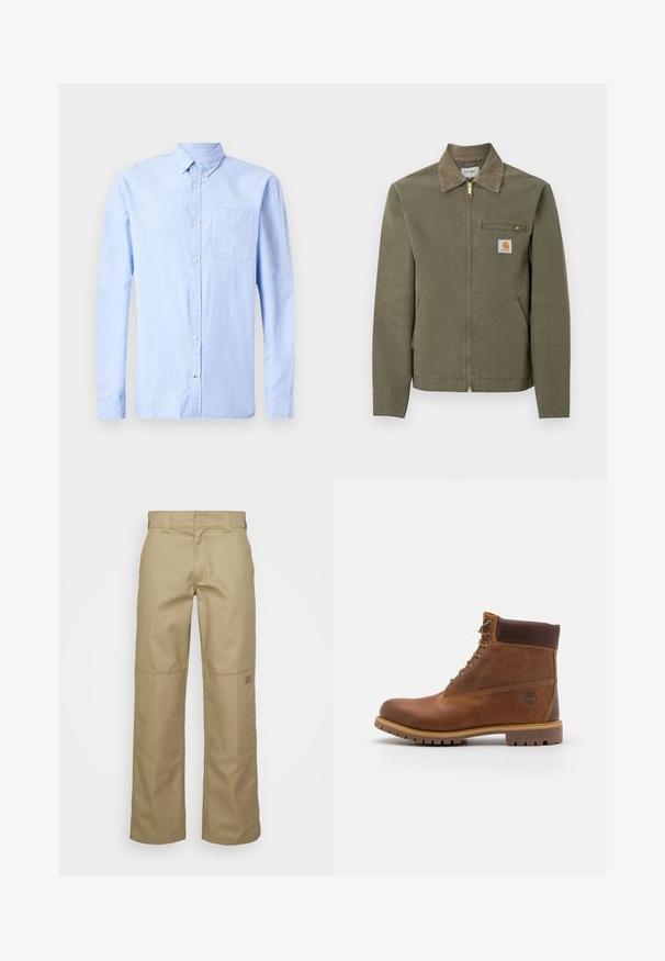 Olijfgroene Carhartt werkjas met corduroy kraag, voorsluiting met rits, borstzak met rits en twee steekzakken aan de zijkant.; Lichtblauw langarm overhemd met knopen, gemaakt van zachte stof, met een button-down kraag en een enkele borstzak.; Beige wijde broek gemaakt van een katoenmix. Kenmerkt zich door versterkte kniezakken en een klein logo-opdruk op de bovenbeen.; Bruine leren wandelschoen met een gladde afwerking, gevoerde enkel, metalen oogjes en een rubberen zool met een robuust profiel.