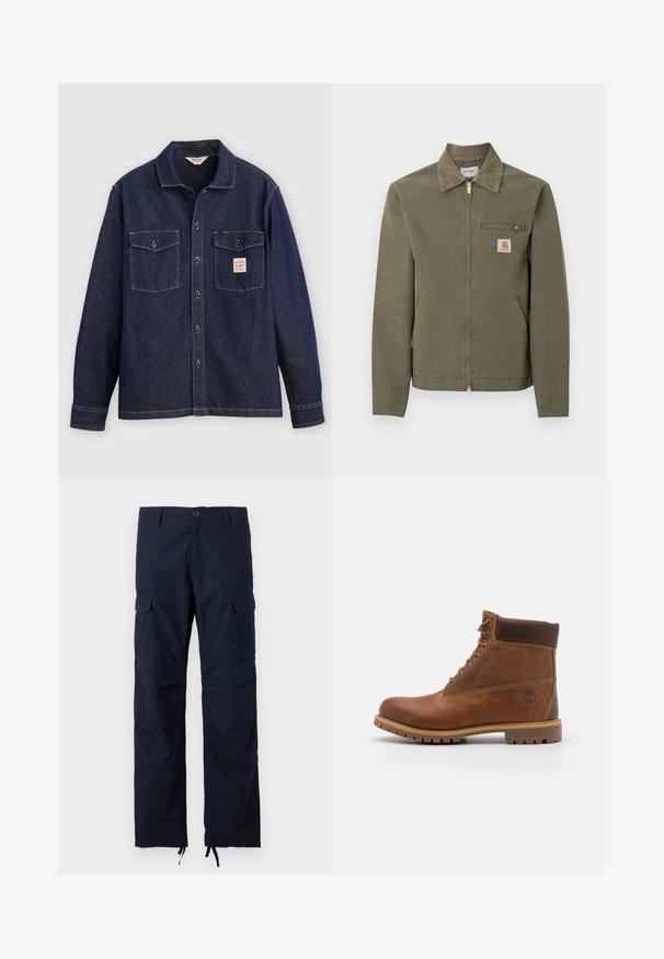 Πράσινο-ελαιί εργοστασιακό μπουφάν Carhartt με γιακά από κορντουρί, μπροστινό φερμουάρ, φερμουάρ σε τσέπη στο στήθος και δύο πλαϊνές τσέπες.; Σκούρο τζιν πουκάμισο με γιακά, δύο τσέπες στο στήθος και κούμπωμα με κουμπιά στο μπροστινό μέρος. Διαθέτει αντίθετη ραφή και ετικέτα στην αριστερή τσέπη.; Παντελόνια cargo σε ναυτικό μπλε χρώμα με κλείσιμο με κουμπί, θηλιές για ζώνη, πλαϊνές τσέπες με καπάκι και ρυθμιζόμενα κορδόνια στα τελειώματα του αστραγάλου.; Καφέ δερμάτινο μποτάκι πεζοπορίας με λείο φινίρισμα, επενδεδυμένο αστράγαλο, μεταλλικές θηλιές και ελαστική σόλα που διαθέτει ρουστίκ μοτίβο.