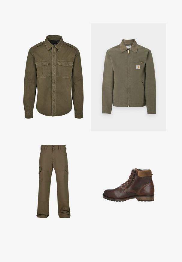 Chaqueta de trabajo Carhartt verde oliva con cuello de pana, cremallera frontal, bolsillo en el pecho con cremallera y dos bolsillos laterales.; Camisa verde oliva de botones hecha de algodón. Cuenta con un cuello, dos bolsillos en el pecho con solapas y hombros estructurados con costuras visibles.; Pantalones cargo en verde oliva oscuro, con múltiples bolsillos, costuras reforzadas, un corte recto y una tela de textura suave.; Botín marrón de cuero con cordones delanteros, cremallera lateral, cuello acolchado y tacón bajo apilado sobre fondo blanco.