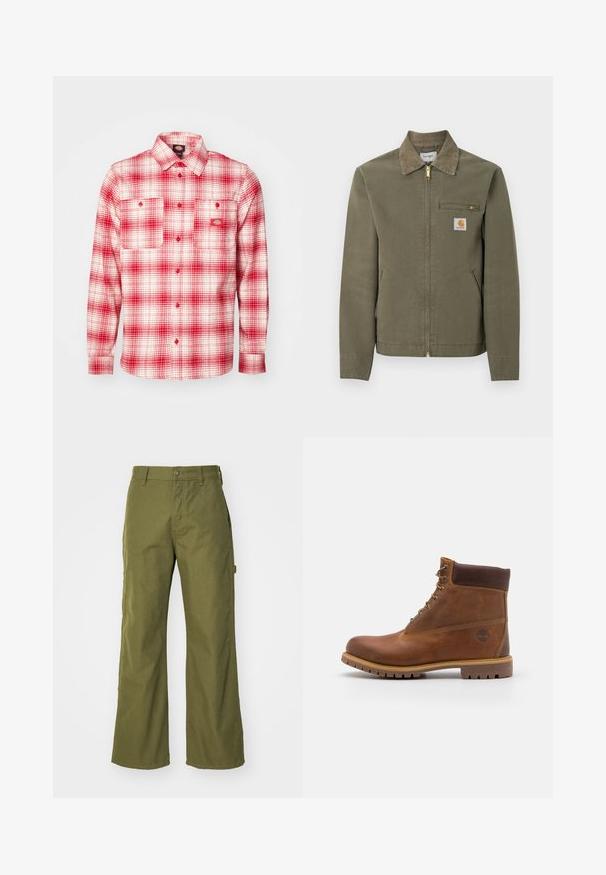 Chaqueta de trabajo Carhartt verde oliva con cuello de pana, cremallera frontal, bolsillo en el pecho con cremallera y dos bolsillos laterales.; Camisa de franela a cuadros rojos y blancos con mangas largas, cierre de botones en la parte delantera, dos bolsillos en el pecho y una etiqueta en la parte izquierda. Textura suave.; Pantalones de pernera ancha en verde oliva, confeccionados con una tela resistente, que presentan un cierre de botón, bolsillos laterales y un diseño de dobladillo recto.; Botas de senderismo de cuero marrón con un acabado suave, tobillo acolchado, ojales de metal y suela de goma con un patrón de tracción robusto.