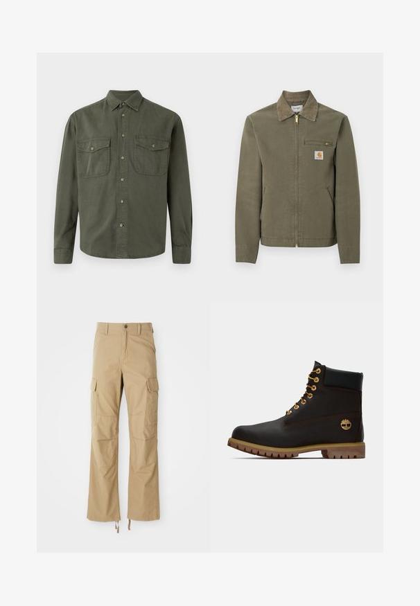 Olijfgroene Carhartt werkjas met corduroy kraag, voorsluiting met rits, borstzak met rits en twee steekzakken aan de zijkant.; Khaki langekootshirt van katoen. Heeft een knoopsluiting aan de voorkant, twee borstzakken met kleppen en een klassieke kraag. Eenvoudig ontwerp.; Khaki cargobroek gemaakt van duurzaam materiaal, met meerdere zijzakken, een rechte pijpdesign en verstelbare koorden aan de zoom.; Zwarte leren enkellaars met gouden oogjes, bruine accenten en een rubberen zool. Heeft een gevoerde kraag en geperst logo aan de zijkant.