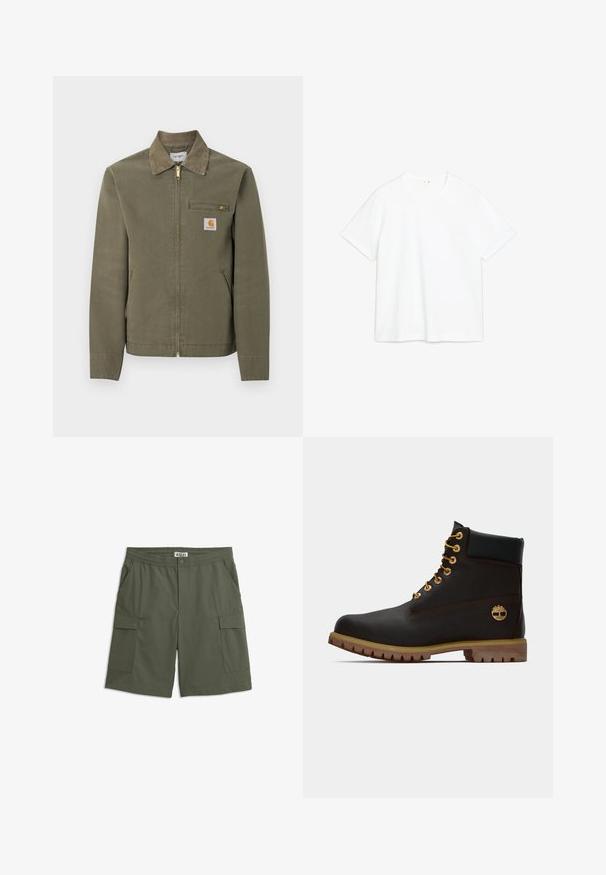 Veste de travail Carhartt vert olive avec col en velours côtelé, fermeture éclair à l'avant, poche poitrine zippée et deux poches latérales.; T-shirt en coton blanc avec des manches courtes, col rond, coupe droite. Texture lisse, sans motifs ni accents visibles. Design simple et minimal.; Shorts cargo vert olive avec taille élastique, bouton frontal, deux poches latérales et deux poches cargo à rabat.; Bottine noire en cuir avec œillets dorés, accents marron et semelle en caoutchouc. Comprend un col rembourré et un logo estampé sur le côté.