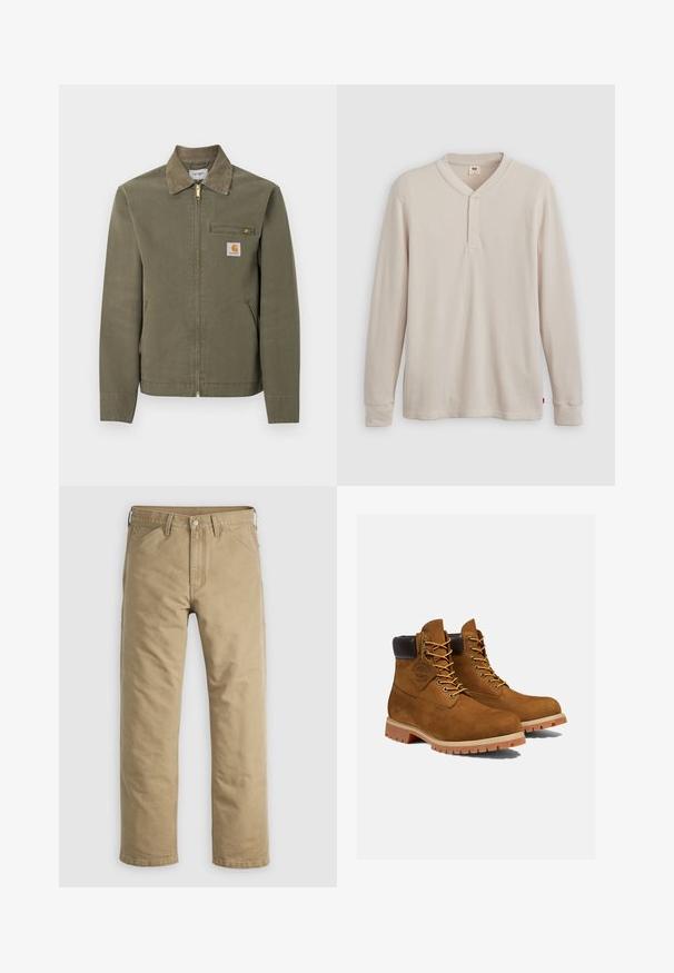 Oliven grøn Carhartt arbejdsjakke med manchet i kordfløjl, lynlås foran, lynlåslomme på brystet og to sidelommer.; Langærmet henley-skjorte i lys beige ribbet stof, med V-hals, tre-knap placket og manchetter ved ærmerne. Rød logo-tags ved kanten.; Khakifarvede bomuldssbukser med lige ben, forlommer og knaplukning. Glat tekstur og forstærkede sømme for holdbarhed.; Brune ruskinds ankelstøvler med en polstret sort krave, gyldne snørehuller og en tyk gummisål med en mønster, der giver godt greb.