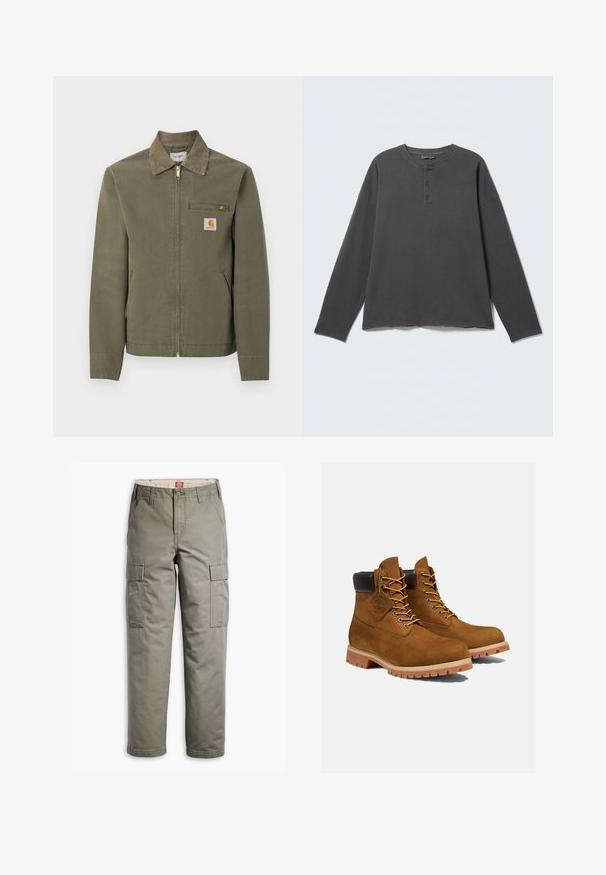 Olivgrüne Carhartt-Arbeitsjacke mit Cordkragen, Frontreißverschluss, mit Reißverschluss versehener Brusttasche und zwei Seitentaschen.; Dunkelgraues Langarm-Henley-Shirt mit rundem Ausschnitt und drei Knöpfen an der vorderen Blende.; Cargo-Hosen in Olivgrün, aus strapazierfähigem Baumwollmix, mit seitlichen Taschen, einem geraden Bein-Design und Knopfverschluss.; Braune Wildleder-Stiefeletten mit einem gepolsterten schwarzen Kragen, goldenen Ösen und einer dicken Gummisohle mit einem Rillenmuster für besseren Grip.