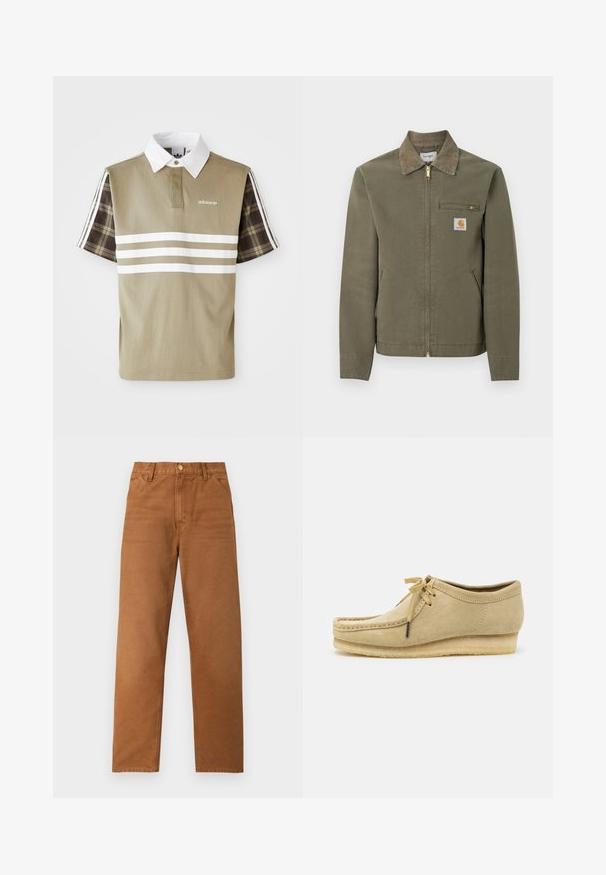 Olijfgroene Carhartt werkjas met corduroy kraag, voorsluiting met rits, borstzak met rits en twee steekzakken aan de zijkant.; Polo shirt in olijfgroen met witte strepen en een geruit patroon op de korte mouwen. Heeft een witte kraag en een logo op de borst.; Bruine broek met rechte pijpen, riemlussen, voorzakken en een knoopsluiting, weergegeven op een effen lichte achtergrond.; Beige suède schoen met een vetersluiting, gestikte details en een rubberen zool. De vorm is casual met een lichte sleehak.