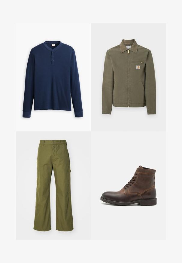 Pracovná bunda Carhartt olivovo zelenej farby s kordurovým golierom, predným zipsom, na zips zatvárateľným náprsním vreckom a dvoma bočnými vreckami.; Dlhý rukáv námornícky modrý henley tričko vyrobené z rebrovanej látky. Má okrúhly výstrih a tri gombíky. Rukávy sú prispôsobené.; Olivové široké nohavice vyrobené z odolnej tkaniny, so zapínaním na gombík, bočnými vreckami a rovným lemom.; Jack & Jones JFWDELANEY BOOT - Členkové šnurovacie čižmy - cognac