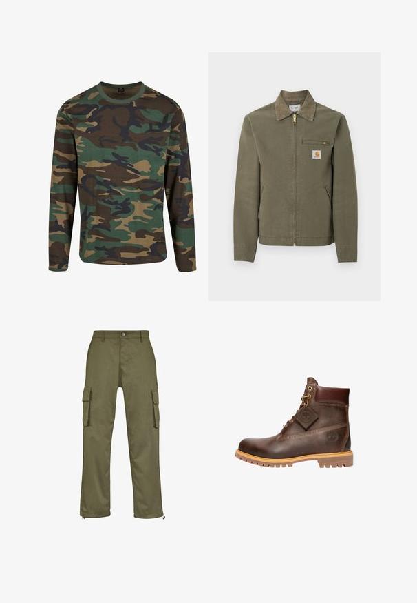 Olivgrüne Carhartt-Arbeitsjacke mit Cordkragen, Frontreißverschluss, mit Reißverschluss versehener Brusttasche und zwei Seitentaschen.; Langärmliges Camo-T-Shirt in Erdtönen; mit grünen, braunen und schwarzen Mustern; Rundhalsausschnitt; weicher Stoff; lässige Passform.; Olivgrüne Cargo-Hosen mit geradem Schnitt, zwei Seitentaschen und Reißverschlüssen an den Bündchen. Hergestellt aus strapazierfähigem Material.; Braune Leder-Ankelstiefel mit runder Zehenpartie, robuster Sohle, goldfarbener Hardware und strukturiertem Obermaterial. Enthält ein angehängtes Logo-Tag.