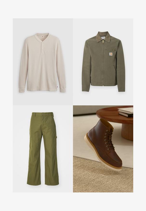 Pracovná bunda Carhartt olivovo zelenej farby s kordurovým golierom, predným zipsom, na zips zatvárateľným náprsním vreckom a dvoma bočnými vreckami.; Pánska dlhá rukávová hennley košeľa z ľahkej béžovej rebrovanej látky, s výstrihom do V, troj.gombíkovou légou a manžetami. Červená logo nášivka na leme.; Olivové široké nohavice vyrobené z odolnej tkaniny, so zapínaním na gombík, bočnými vreckami a rovným lemom.; Hnedé kožené členkové čižmy s béžovou podrážkou na textúrovanom béžovom koberci vedľa okrúhleho dreveného stola so stohom kníh.