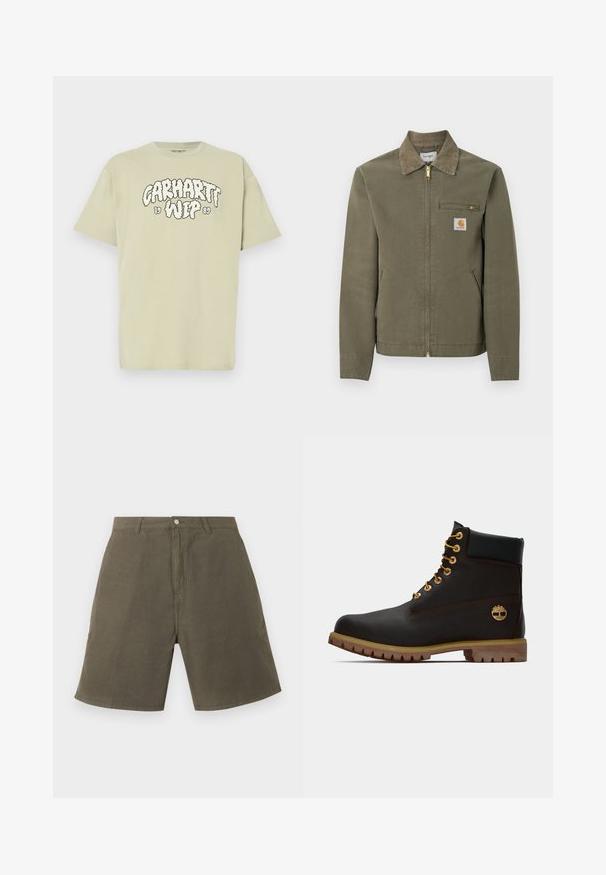 Πράσινο-ελαιί εργοστασιακό μπουφάν Carhartt με γιακά από κορντουρί, μπροστινό φερμουάρ, φερμουάρ σε τσέπη στο στήθος και δύο πλαϊνές τσέπες.; Ανοιχτό πράσινο βαμβακερό t-shirt με φαρδιά γραμμή, με μαύρο, σύννεφο-στυλ τύπωμα "Carhartt WIP 1989" μπροστά. Κοντά μανίκια, στρογγυλή λαιμόκοψη.; Χακί σορτς μήκους έως το γόνατο με θηλιές για ζώνη, κουμπί μπροστά και φερμουάρ, κατασκευασμένα από ανθεκτικό ύφασμα.; Μαύρη δερμάτινη αστράγαλοι μποτάκι με χρυσά μάτια, καφέ λεπτομέρειες και ελαστική σόλα. Διαθέτει επενδεδυμένο κολάρο και ανάγλυφο λογότυπο στη πλευρά.
