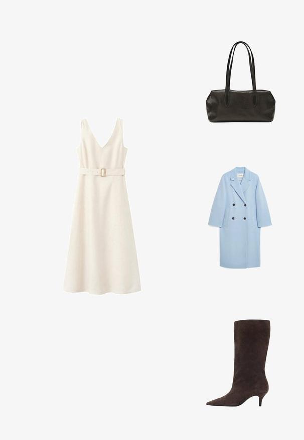 Lichtblauwe wolblend jas met een dubbelzijdig ontwerp, metstaande revers, twee voorzakken en donkere knopen, met een relaxte pasvorm.; Mouwloze beige midi-jurk met V-hals en bijpassende riem met een rechthoekige gesp in de taille.; Bruine suède kniehoogte laars met een spitse neus en een mid-hoge hak, met een gladde textuur en een slank ontwerp.; Zwarte leren rechthoekige handtas met lange dubbele schouderbanden en een getextureerde afwerking, weergegeven tegen een effen witte achtergrond.
