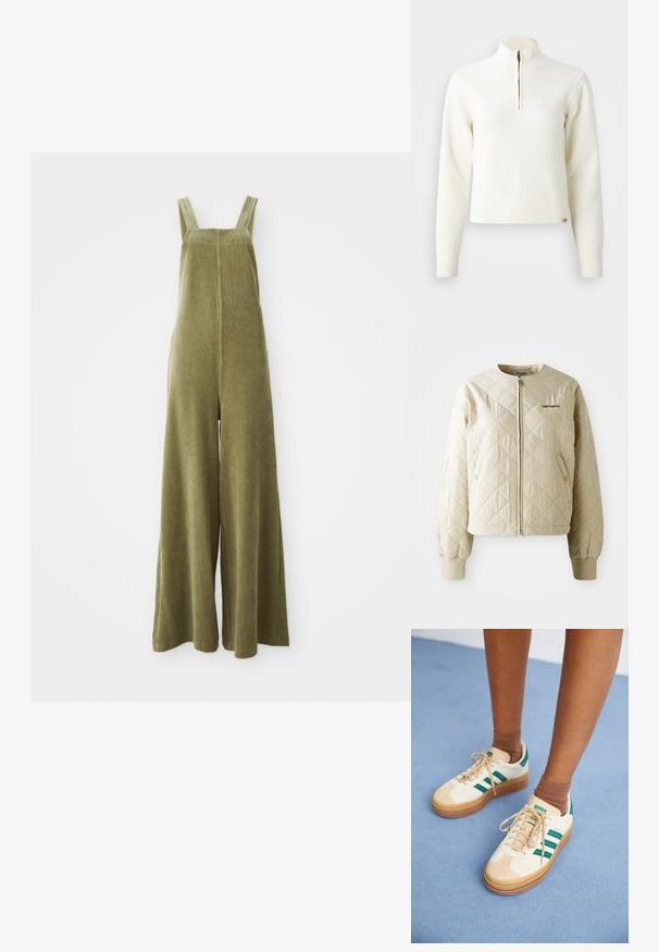 Beige gesteppte Jacke mit rundem Kragen, Frontreißverschluss und Taschen mit Patte. Elastische Bündchen und Saum, mit einem Logo auf der linken Brust.; Olivgrüne Corduroy-Overalls mit weitem Bein, verstellbaren Trägern und einer strukturierten Oberfläche. Einfaches Design, keine sichtbaren Muster oder Beschläge.; Weißer Sweater mit Reißverschluss am Hals und langen Ärmeln. Aus weichem Strickmaterial gefertigt, mit gerippten Bündchen und Saum. Dezentes Markenlogo am Saum.; Beige Sneakers mit dunkelgrünen Streifen, Gummisohle, Obermaterial aus Wildleder und Textil sowie neutralen Hardwareteilen, kombiniert mit braunen Socken auf einer hellblauen Oberfläche.
