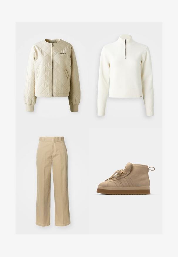 Chaqueta acolchada beige con cuello redondo, cremallera frontal y bolsillos de parche. Puños y dobladillo elásticos, con un logo en el lado izquierdo del pecho.; Suéter blanco con cuello de cremallera y mangas largas. Fabricado en un material de punto suave, con puños y dobladillo acanalados. Logo de la marca sutil en el dobladillo.; Pantalones de pierna ancha en color beige, confeccionados en algodón, con pasadores para cinturón, cierre de cremallera y Costuras en contraste a lo largo de las costuras.; Zapatillas altas de ante beige con suela de goma gruesa, que cuentan con una lengüeta plegable, puntera redondeada y cordones decorativos.