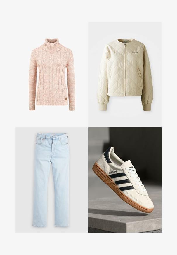 Veste matelassée beige avec un col rond, fermeture éclair à l'avant et poches à rabat. Manches élastiques et ourlet, avec un logo sur le côté gauche de la poitrine.; Pull en col roulé tricoté en doux pêche avec un motif en relief de câble, des manches longues et une étiquette de marque tissée sur l'ourlet.; Jean bleu clair taille haute à jambes droites avec braguette à boutons et poches avant et arrière sur un fond blanc uni.; Baskets en daim blanc avec des bandes navy, semelle en caoutchouc gomme, tige texturée, bout rond et lacets ; arbore un logo sur le côté et sur la languette.