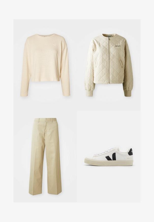 Chaqueta acolchada beige con cuello redondo, cremallera frontal y bolsillos de parche. Puños y dobladillo elásticos, con un logo en el lado izquierdo del pecho.; Suéter recortado de color crema con mangas largas, hecho de una tela texturizada. Presenta un pequeño y discreto logo en el pecho y un cuello redondo.; Pantalones anchos de color beige fabricados en algodón con una textura suave. Presentan un corte recto, trabillas para cinturón y bolsillos delanteros.; Zapatilla de cuero blanca con logo V de goma negra. Suela texturizada en blanco roto, cordones blancos y detalle en el talón trasero con el nombre de la marca en negro.