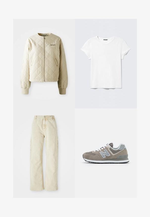 Beige quiltet jakke med rund krave, frontlynlås og pynte lommer. Elastiske manchetter og kant, med et logo på venstre bryst.; Enkelt hvid T-shirt med korte ærmer og V-hals, med et lille "WEEKDAY" mærke indeni kraven, vist mod en lysegrå baggrund.; Beige bredde denim bukser med høj talje, der har en frontknap og lynlås, bæltesløjfer og sidelommer. Blød tekstur.; Brune ruskind sko med grå meshenheder, hvide snørebånd og et gråt 'N'-logo. Gummisåler med et let mønster for bedre greb.