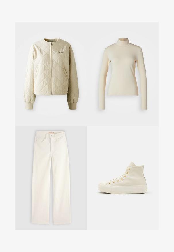 Chaqueta acolchada beige con cuello redondo, cremallera frontal y bolsillos de parche. Puños y dobladillo elásticos, con un logo en el lado izquierdo del pecho.; Top de manga larga de color crema con cuello alto, hecho de una tela suave y elástica; diseño ajustado con cuello alto y sin patrones o acentos visibles.; Vaqueros de pierna recta en color blanco roto con bolsillos delanteros, trabillas para el cinturón y cierre de botón sobre un fondo liso.; Zapatillas altas de cuero crema con ojales dorados y un acabado texturizado. Presentan una suela de goma y una puntera redondeada.