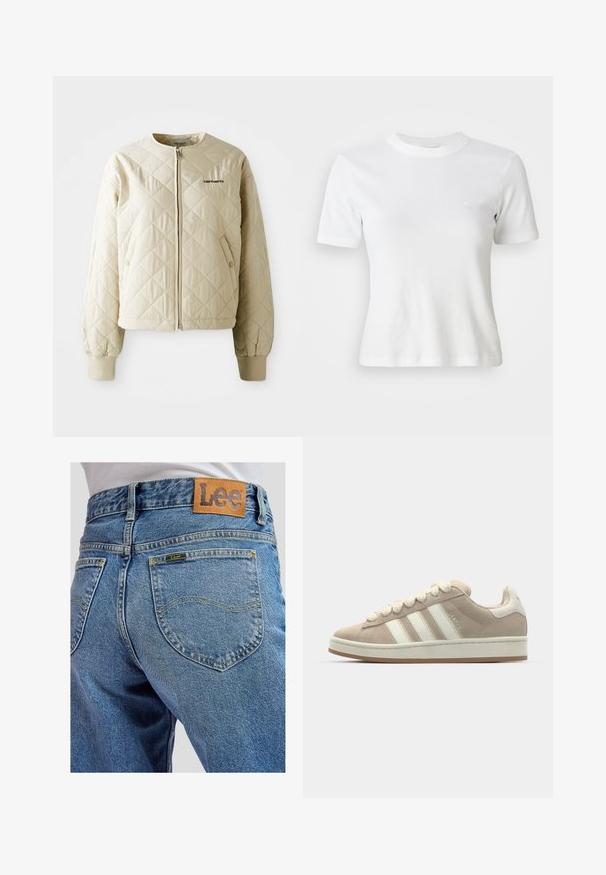 Beige gesteppte Jacke mit rundem Kragen, Frontreißverschluss und Taschen mit Patte. Elastische Bündchen und Saum, mit einem Logo auf der linken Brust.; Weiße, gerippte Kurzarm-T-Shirt mit Rundhalsausschnitt und kleinem Logo auf der Brust. Aus weichem Stoff gefertigt mit taillierter Passform.; Blaue Jeans aus Denim mit Gesäßtaschen, die gelbe Nähte und ein braunes Lederpatch der Marke Lee am Bund aufweisen.; Hellbeige Wildlederschuhe mit weißen Lederstreifen und -schnürsenkeln, Gummisohle, gepolstertem Kragen und strukturierten Details auf der Oberseite.