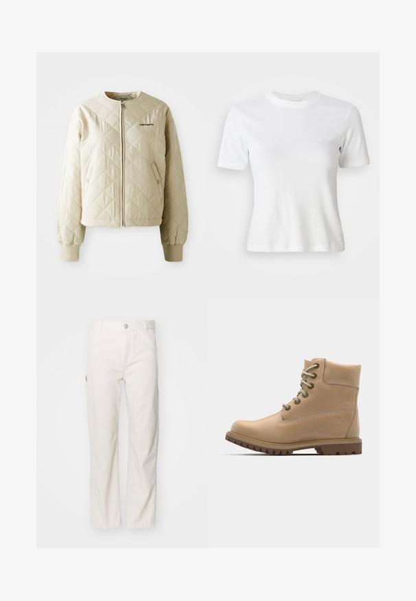 Beige tikattu takki, jossa on pyöreä kaulus, etuvetoketju ja paikkataskut. Elastiset hihansuut ja helma, jossa on logo vasemmassa rinnassa.; Valkoinen ribatut lyhythihainen t-paita, jossa on pyöreä pääntie ja pieni logo rinnassa. Valmistettu pehmeästä kankaasta, jossa on istuva malli.; Valkoiset puuvillaiset cargo-housut, joissa on suora lahje-muotoilu, sivutaskut ja nappikiinnitys vyötäröllä. Sujuva rakenne.; Beige nahkahyvät nilkkurit, joissa on pyöristetty kärki, beige nauhat ja voimakkaasti urallinen pohja. Niissä on sivuommelta ja pyöreä logo kantapäässä.
