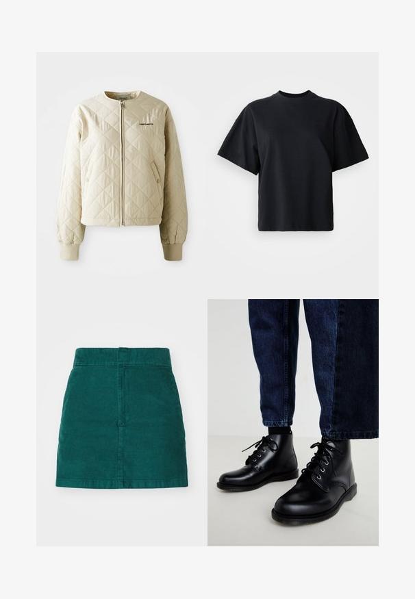Beige quiltet jakke med rund krave, frontlynlås og pynte lommer. Elastiske manchetter og kant, med et logo på venstre bryst.; Sort bomulds t-shirt med rund halsudskæring, korte ærmer og en boxy pasform; har diskret logo på forsiden.; Grønne fløjl mini nederdel med lige snit, med høj talje og lodret ribbet tekstur, afsluttet med rene kanter.; Sorte ankelstøvler i læder med runde snuder, snørelukning, sølvfarvede forskruninger og teksturerede såler, kombineret med mørkeblå denimjeans.