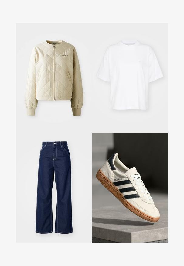 Veste matelassée beige avec un col rond, fermeture éclair à l'avant et poches à rabat. Manches élastiques et ourlet, avec un logo sur le côté gauche de la poitrine.; T-shirt en coton blanc avec un col rond, des manches courtes et une coupe décontractée. Présente un logo discret sur la zone gauche de la poitrine. Texture lisse.; Jean large en denim bleu foncé, avec une taille haute, des coutures blanches contrastantes et un design traditionnel à cinq poches.; Baskets en daim blanc avec des bandes navy, semelle en caoutchouc gomme, tige texturée, bout rond et lacets ; arbore un logo sur le côté et sur la languette.