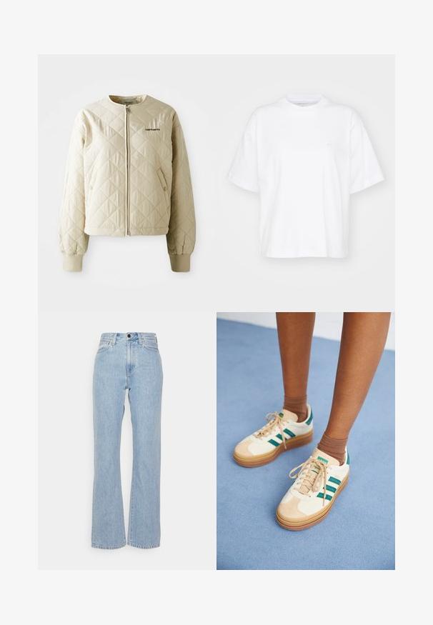 Beige quilted jacket with a round collar, front zipper, and patch pockets. Elastic cuffs and hem, featuring a logo on the left chest.; White cotton t-shirt with a crew neck, short sleeves, and a relaxed fit. Features a subtle logo on the left chest area. Smooth texture.; Light blue denim jeans with a high waist, wide-legged design, featuring belt loops, a front button closure, and classic five-pocket styling.; Beige sneakers with dark green stripes, rubber sole, suede and textile upper, and neutral hardware, paired with brown socks on a light blue surface.