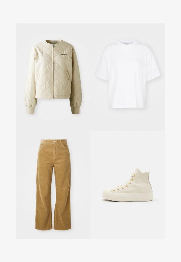 Chaqueta acolchada beige con cuello redondo, cremallera frontal y bolsillos de parche. Puños y dobladillo elásticos, con un logo en el lado izquierdo del pecho.; Camiseta de algodón blanca con cuello redondo, mangas cortas y un corte relajado. Presenta un logo sutil en el área del pecho izquierdo. Textura suave.; Pantalones de pana de pierna ancha en marrón claro, con un patrón de canalé texturizado, cinco bolsillos y un botón de cierre en la cintura.; Zapatillas altas de cuero crema con ojales dorados y un acabado texturizado. Presentan una suela de goma y una puntera redondeada.