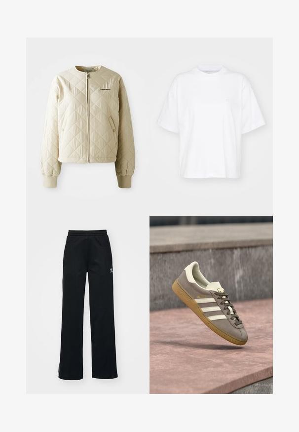 Beige kägistatud jakk ümmarguse kraega, esimesel lukuga ja plaastritaskutega. Elastsed mansetid ja alläär, vasakul rinnaosal logo.; Valge puuvillane t-särk ümmarguse kaelusega, lühikeste varrukatega ja lõdgalt istuv. Vasakul rinnal on peen logo. Sile tekstuur.; Mustad mustat spordipüksid, vabalt istuv, paelaga talje, külgedel lukuga taskud ja vasakul jalal diskreetne valge brändimine.; Helepruunad seemisnahast Adidas tossud valgete triipude ja kummist taldadega, riputatud roosade kivist trepiastmete kohale õues.