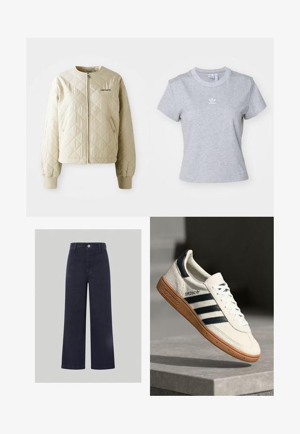 Bežová prešívaná bunda s okrúhlym golierom, predným zipsom a náprsnými vreckami. Elastické manžety a spodný lem, s logom na ľavej hrudi.; adidas Originals ESS SLIM TEE - Základné tričko - medium grey heather; Široké nohavice v námornickej modrej farbe, vyrobené z hladkej zmesi bavlny, s predným zapínaním na gombík a prešitými detailmi pozdĺž pásu a vreciek.; Biele semišové tenisky s námorníckymi pruhmi, gumovou podrážkou, textúrovaným zvrškom, okrúhlou špičkou a šnurovaním; obsahujú označenie na boku a jazyku.