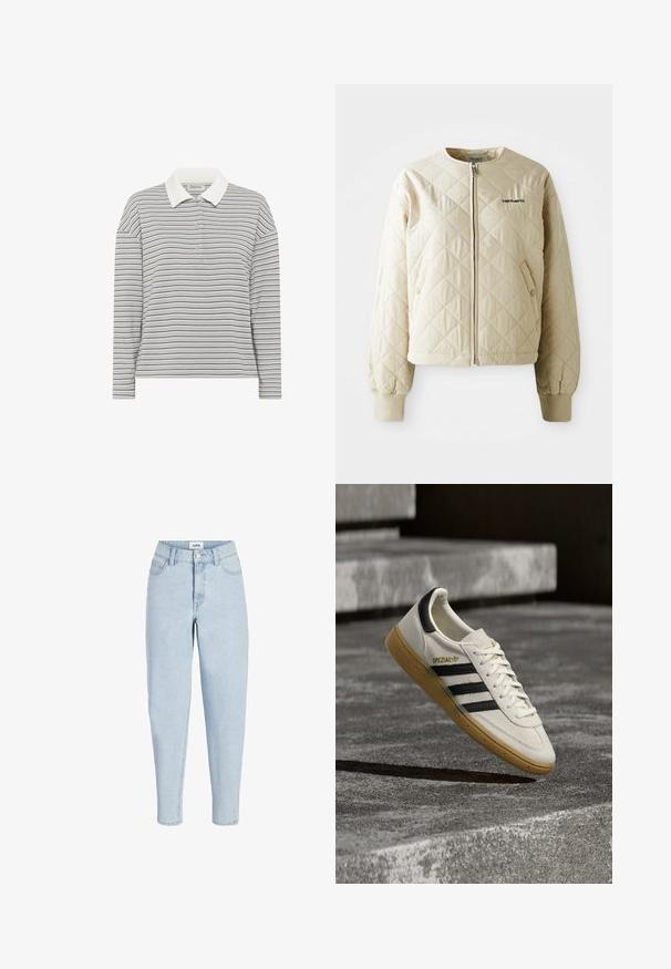 Beige gesteppelde jas met een ronde kraag, rits aan de voorkant en opgestikte zakken. Elastische manchetten en zoom, met een logo op de linkerkant van de borst.; My Essential Wardrobe MWKLARA - Poloshirt - peal blue striped; Lichtblauwe jeans met hoge taille, voorste knoop en ritssluiting, vijfzakkenmodel en taps toelopende pijpen.; Witte Adidas Spezial sneaker met zwarte strepen en gumzool, zwevend boven grijze stenen trappen buiten.