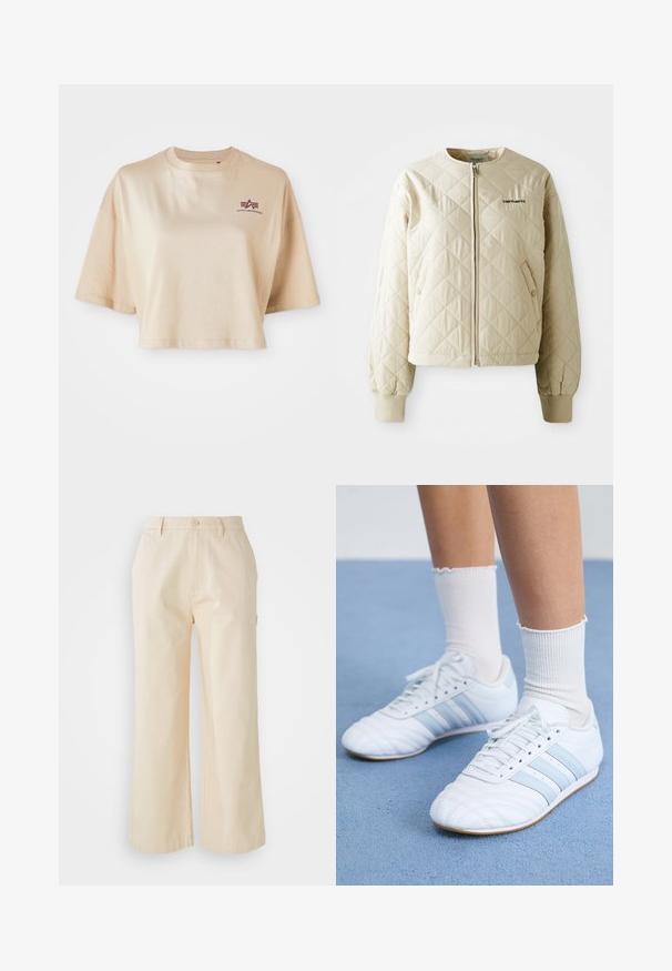 Beige kägistatud jakk ümmarguse kraega, esimesel lukuga ja plaastritaskutega. Elastsed mansetid ja alläär, vasakul rinnaosal logo.; Khaki värvi lühikeste varrukatega puuvillane lühike t-särk, ümara kaelusega ja tumepunase logo graafikaga vasakul rinnal.; Heledad helebeegid laiad püksid, mis on valmistatud puuvillast ja millel on sile tekstuur, esiküljel nupuga sulgemine ja küljetaskud.; Valged nahast spordijalatsid helesiniste triipudega, tekstureeritud varbaosa ja valged lühikesed sokid. Asetatud sinise vaiba pinnale.