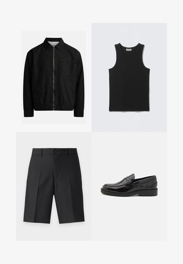 Zwarte zip-up jas met een kraag, één borstzak, twee zijzakken en een zachte, gestructureerde binnenvoering.; Zwart mouwloos geribd tanktopje met ronde hals en Weekday merklabel aan de binnenkant van de achterkraag.; Zwarte op maat gemaakte shorts van lichtgewicht stof, met een rechte snit, enkele plooien en een frontsluiting met knoop.; Zwarte leren instappers met een gladde afwerking, ronde neus, lage hak en decoratieve stiksels aan de voorkant. Rubberen buitenzool voor grip.