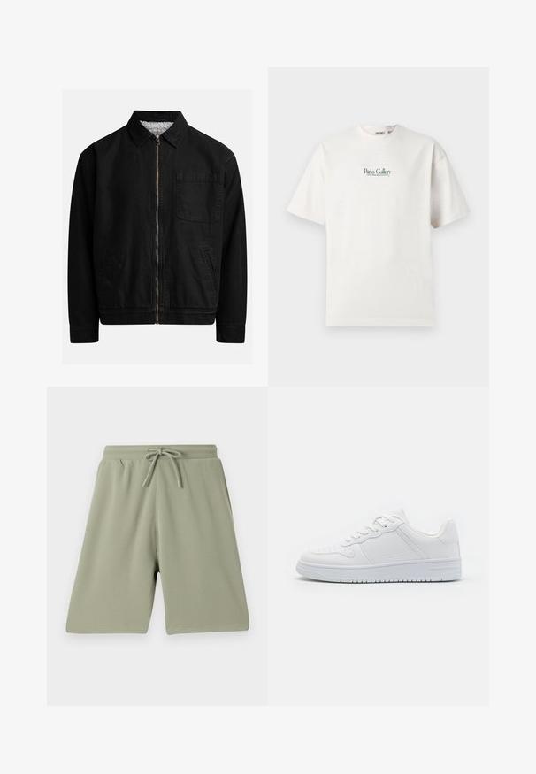 Zwarte zip-up jas met een kraag, één borstzak, twee zijzakken en een zachte, gestructureerde binnenvoering.; Witte t-shirt met korte mouwen en groene tekst "Parks Gallery Local Creators Collective" gecentreerd op de borst, weergegeven op een effen achtergrond.; Lichtgroene shorts van een textuurstof met een elastische tailleband en trekkoord. Rechte snit en knielange ontwerp.; Witte sneakers van glad synthetisch materiaal, met platte veters, geperforeerde neus en een rubberen zool met een gestructureerd grippatroon.