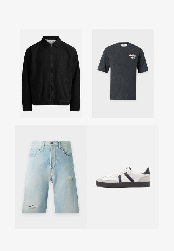 Veste zippée noire avec un col, une poche poitrine, deux poches latérales et une doublure intérieure douce et texturée.; T-shirt noir à manches courtes avec un petit texte blanc et un graphique de fruit orange sur la poitrine gauche indiquant "Cool e Ottimo Aranciata."; Shorts en denim bleu clair avec une coupe décontractée, présentant des accents déchirés, des poches latérales et une fermeture à un bouton par-dessus.; Baskets blanches avec des accents noirs et gris, présentant un embout texturé gris, une semelle en caoutchouc noir et des lacets plats blancs. Design épuré, style minimaliste.