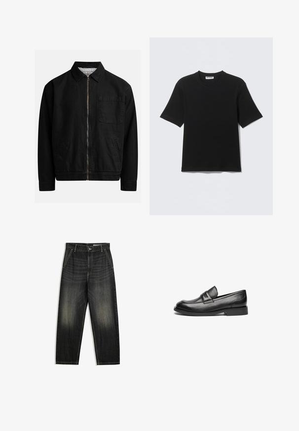 Veste zippée noire avec un col, une poche poitrine, deux poches latérales et une doublure intérieure douce et texturée.; T-shirt noir à manches courtes avec col rond, portant une étiquette "WEEKDAY" à l'intérieur du col, présenté à plat sur un fond clair.; Jean en denim noir délavé avec une coupe droite, poches avant, passants pour ceinture et fermeture par bouton à la taille.; Des mocassins en cuir noir présentent un bout arrondi, une couture sur le dessus et une semelle en caoutchouc plate et basse. Texture lisse sans motifs visibles.