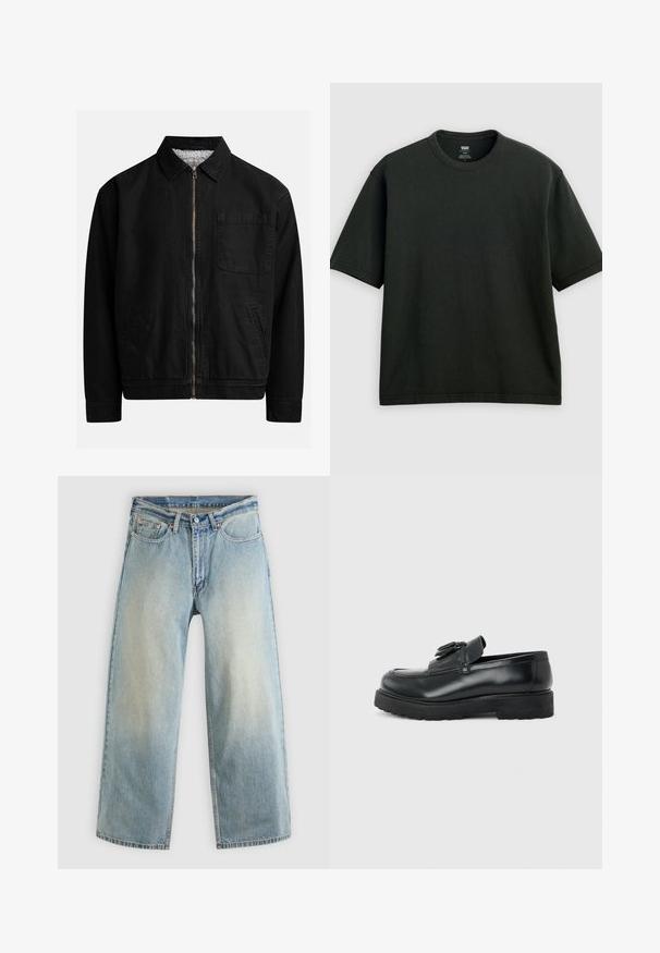 Veste zippée noire avec un col, une poche poitrine, deux poches latérales et une doublure intérieure douce et texturée.; T-shirt noir à manches courtes avec col rond, coupe ample, présenté sur un fond gris clair uniforme.; Jean denim bleu clair à jambes larges avec une finition délavée. Comprend un design standard à cinq poches et une fermeture à bouton métallique.; Mocassin en cuir noir avec pampilles, semelle épaisse en caoutchouc et talon bas, présenté de profil sur un fond uni.