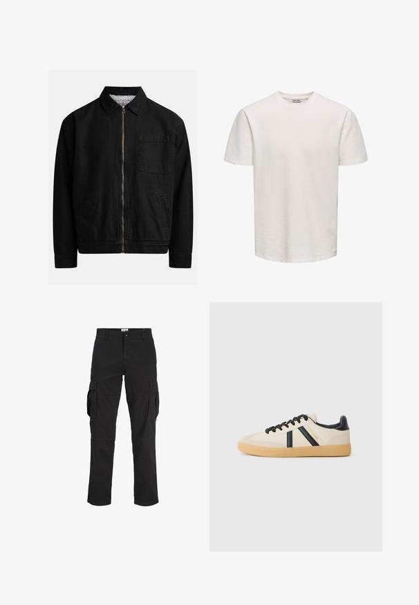 Veste zippée noire avec un col, une poche poitrine, deux poches latérales et une doublure intérieure douce et texturée.; T-shirt blanc uni à manches courtes et texturé, col rond, présenté sur fond neutre, sans logos ni motifs visibles.; Pantalons cargo noirs en coton, dotés de plusieurs poches latérales, d'une coupe droite et d'une fermeture à bouton à la taille.; Baskets décontractées en crème avec des rayures noires, présentant un dessus texturé et une semelle en caoutchouc. Les lacets sont noirs. Logo discret sur le côté.