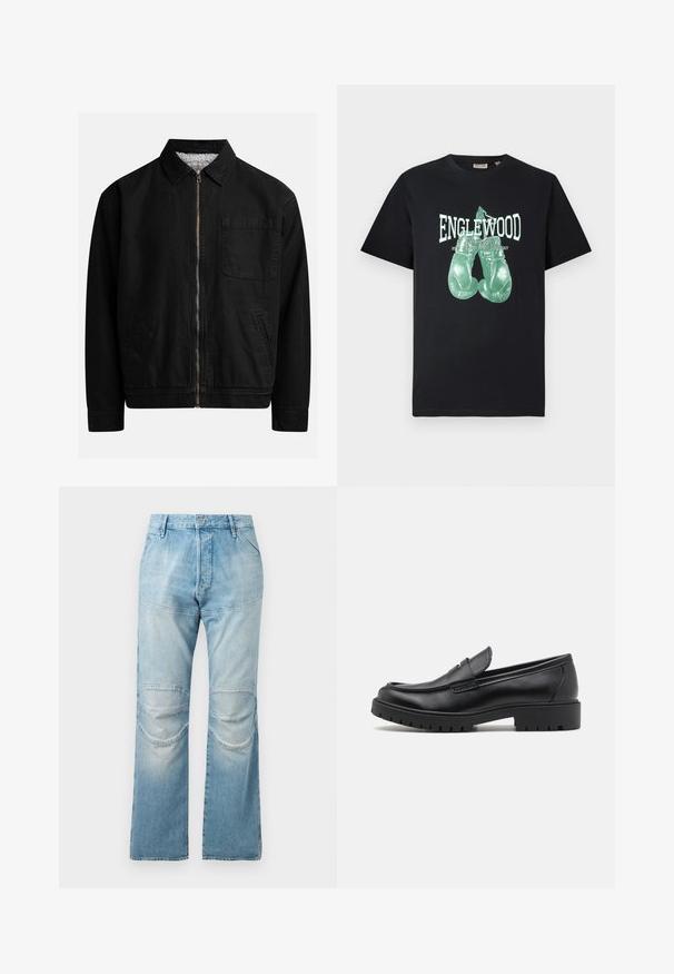 Chaqueta negra con cremallera y cuello, un bolsillo en el pecho, dos bolsillos laterales y un forro interior suave y texturado.; Camiseta negra de cuello redondo que presenta un gráfico de guantes de boxeo verdes y el texto "ENGLEWOOD Boxing Gym New Jersey Fight Academy" en el frente.; Jeans de corte recto de talle alto en azul claro, con parches en las rodillas y una textura desgastada. Cierre de botón metálico en la cintura.; Mocasines de cuero negro con punta redondeada, diseño sin cordones y suela de goma gruesa con agarre texturizado. Tacón elevado y detalles de costura sutiles.