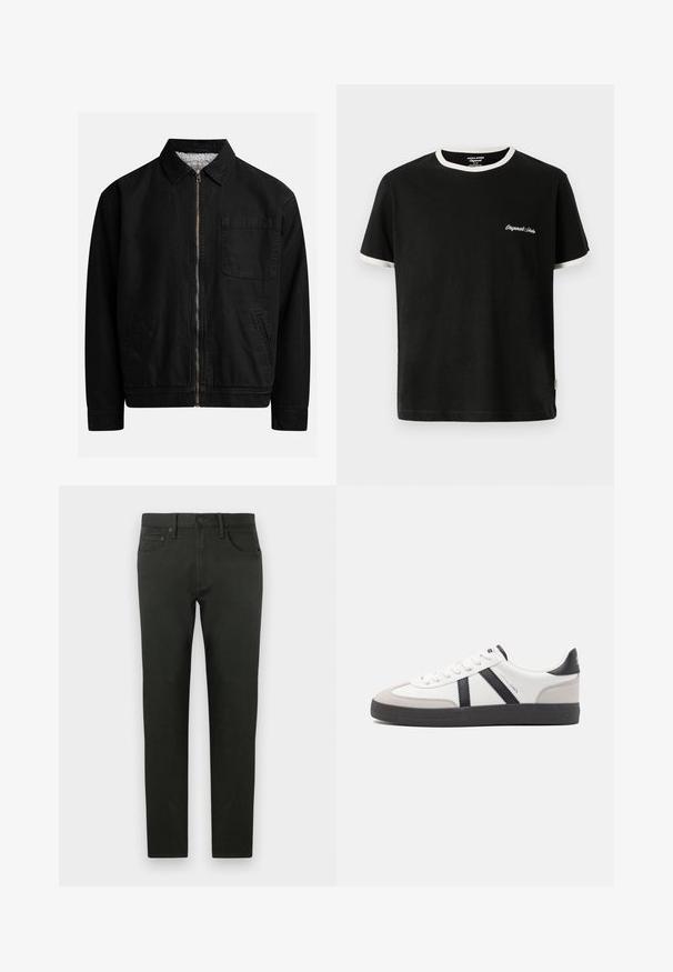 Veste zippée noire avec un col, une poche poitrine, deux poches latérales et une doublure intérieure douce et texturée.; Jack & Jones T- - T-shirt basique - black; Pantalons en coton vert foncé avec une coupe slim. Dotés d'une jambe droite, de poches avant et d'une fermeture à bouton. Texture lisse, détails minimes.; Baskets blanches avec des accents noirs et gris, présentant un embout texturé gris, une semelle en caoutchouc noir et des lacets plats blancs. Design épuré, style minimaliste.