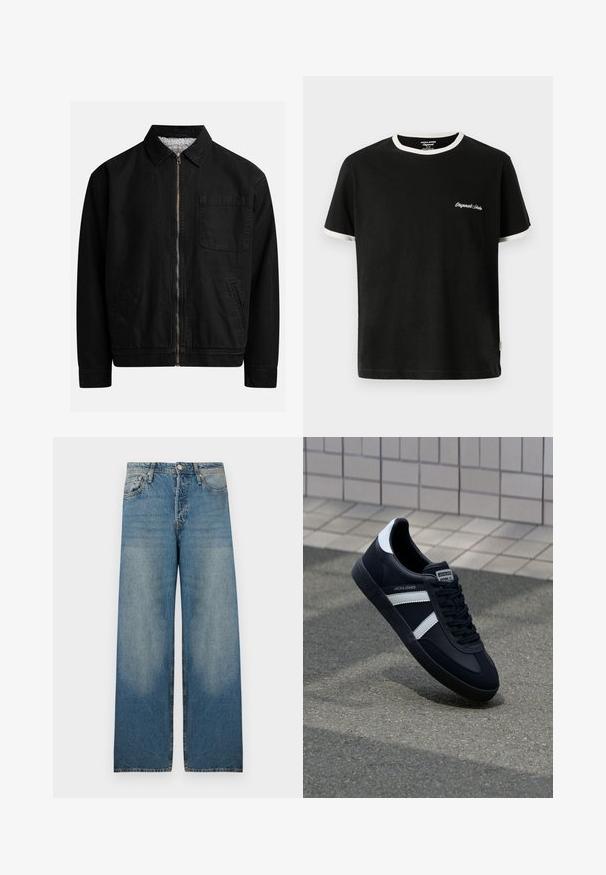 Veste zippée noire avec un col, une poche poitrine, deux poches latérales et une doublure intérieure douce et texturée.; Jack & Jones T- - T-shirt basique - black; Jean large en denim bleu clair, avec une taille haute, un design à cinq poches et des zones décolorées pour un look vintage.; Sneaker en cuir noir avec des rayures blanches, semelle en caoutchouc texturée et devant à lacets. Présente une étiquette de marque sur la languette.