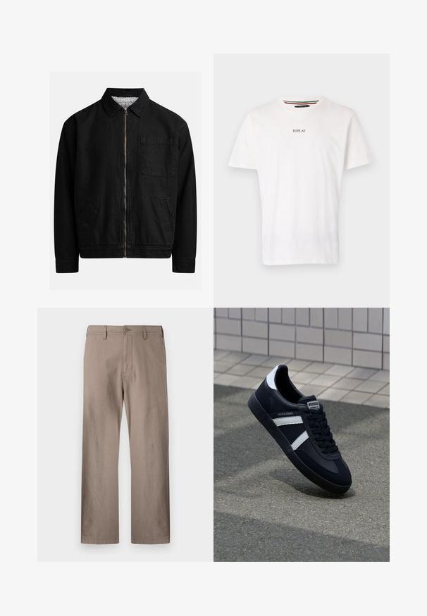 Chaqueta negra con cremallera y cuello, un bolsillo en el pecho, dos bolsillos laterales y un forro interior suave y texturado.; Camiseta de algodón blanca con diseño de cuello en V, mangas cortas y un pequeño logotipo "REPLAY" impreso en el pecho. Textura suave, corte casual.; Pantalones rectos color beige hechos de tela ligera con cierre de botón, que cuentan con bolsillos frontales y costuras limpias.; Zapatilla de cuero negra con rayas blancas, suela de goma texturizada y parte frontal con cordones. Cuenta con una etiqueta de marca en la lengüeta.
