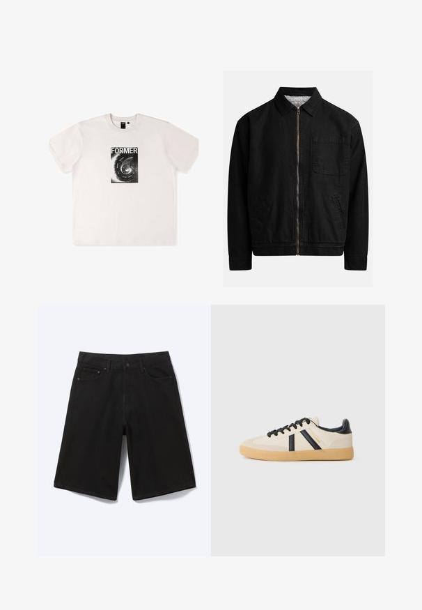 Zwarte zip-up jas met een kraag, één borstzak, twee zijzakken en een zachte, gestructureerde binnenvoering.; Wit katoenen t-shirt met korte mouwen, voorzien van een zwart grafisch ontwerp met het woord "FORMER" en een spiraalpatroon aan de voorkant.; Zwarte denim short tot op de knie met voorste knoop, riemlussen en vijf zakken, afgebeeld tegen een witte achtergrond.; Casual sneakers in crème met zwarte strepen, voorzien van een gestructureerde bovenkant en een gumrubberen zool. Veters zijn zwart. Subtiel logo aan de zijkant.