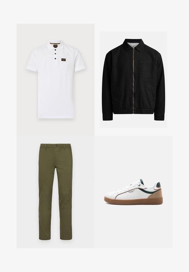 Zwarte zip-up jas met een kraag, één borstzak, twee zijzakken en een zachte, gestructureerde binnenvoering.; Witte polo shirt gemaakt van gestructureerd katoen, met een drieknops sluiting, korte mouwen en een zwart logo op de borst.; Olijfgroene katoenen chino's met een recht model, voorzien van een knoopsluiting aan de voorkant, zijzakken en nette zoomlijnen.; Witte lage sneaker met een bruine zool, groene en beige accenten, witte veters en het "Pepe Jeans London"-logo aan de zijkant.