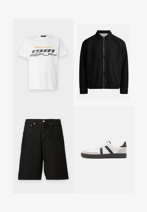 Chaqueta negra con cremallera y cuello, un bolsillo en el pecho, dos bolsillos laterales y un forro interior suave y texturado.; Replay SHORT SLEEVE GRAPHIC - Camiseta estampada - natural white; Shorts de denim negro con un diseño clásico de cinco bolsillos, herrajes de plata y un sutil acento naranja en el bolsillo lateral.; Zapatilla blanca con acentos en negro y gris, que presenta una puntera texturizada en gris, suela de goma negra y cordones planos blancos. Diseño limpio, estilo minimalista.